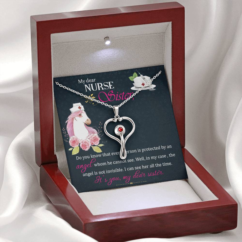 My dear nurse sister Heart Scope Necklace Red Swarovski Crystal Adjustable Chain 18-22"-Express Your Love Gifts