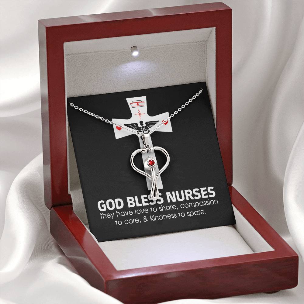 God Bless Nurses Heart Scope Necklace Red Swarovski Crystal Adjustable Chain 18-22"-Express Your Love Gifts
