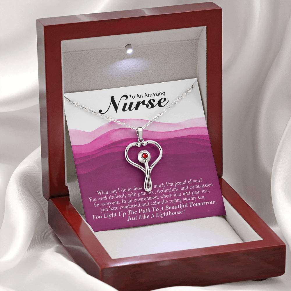 Inspirational Message for Nurse Heart Scope Necklace Red Swarovski Crystal Adjustable Chain 18-22"-Express Your Love Gifts