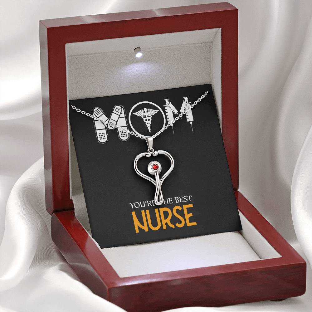 Mom Nurse Heart Scope Necklace Red Swarovski Crystal Adjustable Chain 18-22"-Express Your Love Gifts
