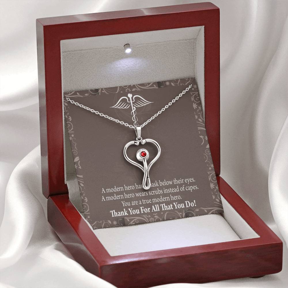 Medical Hero Appreciation Heart Scope Necklace Red Swarovski Crystal Adjustable Chain 18-22"-Express Your Love Gifts