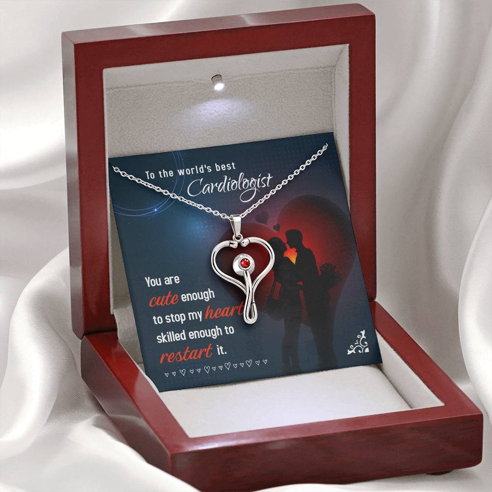 To My Cardiologist Heart Scope Necklace Red Swarovski Crystal Adjustable Chain 18-22"-Express Your Love Gifts