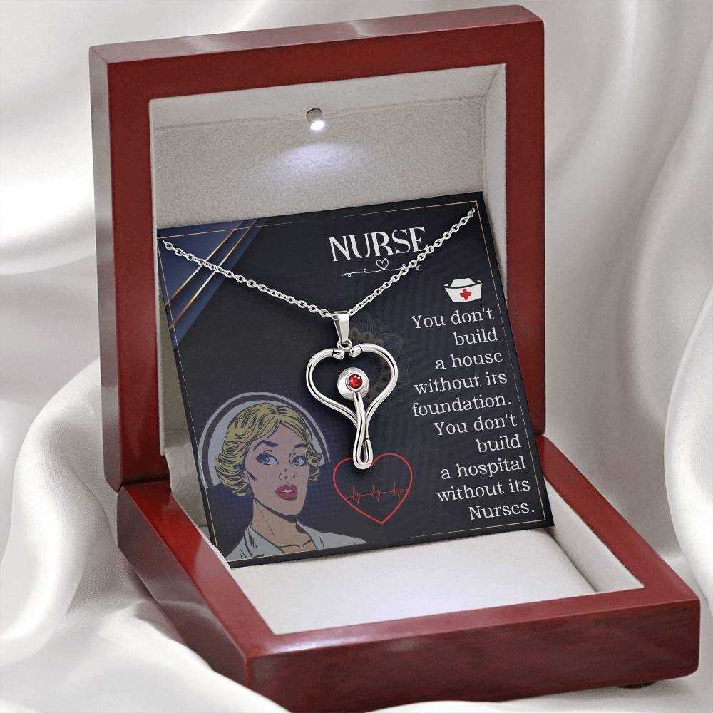 Nurses are the Foundation Heart Scope Necklace Red Swarovski Crystal Adjustable Chain 18-22"-Express Your Love Gifts
