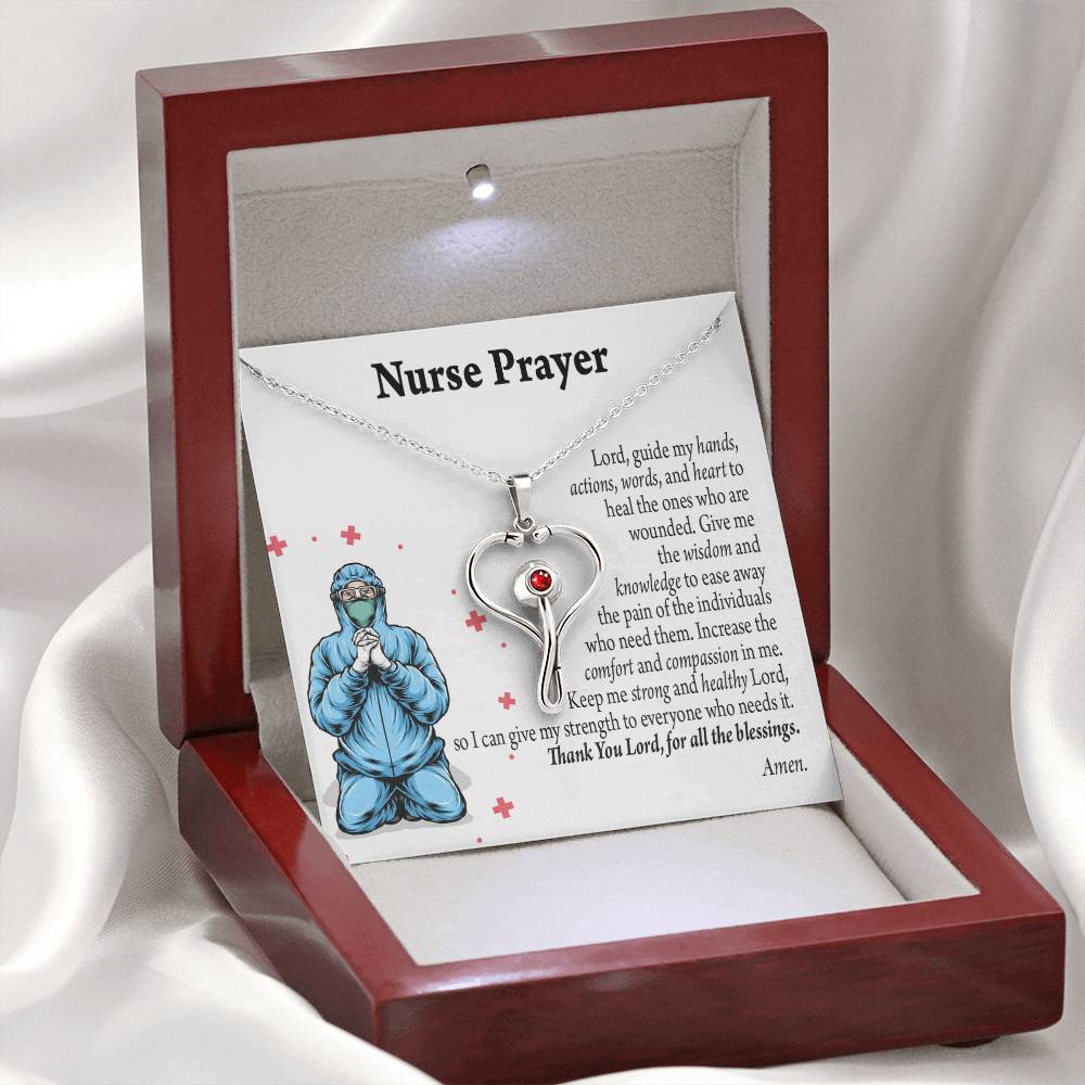 Nurse Prayer Necklace Heart Scope Necklace Red Swarovski Crystal Adjustable Chain 18-22"-Express Your Love Gifts