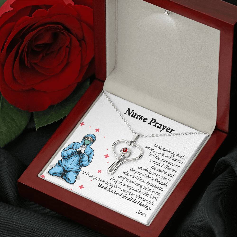 Nurse Prayer Necklace Heart Scope Necklace Red Swarovski Crystal Adjustable Chain 18-22"-Express Your Love Gifts