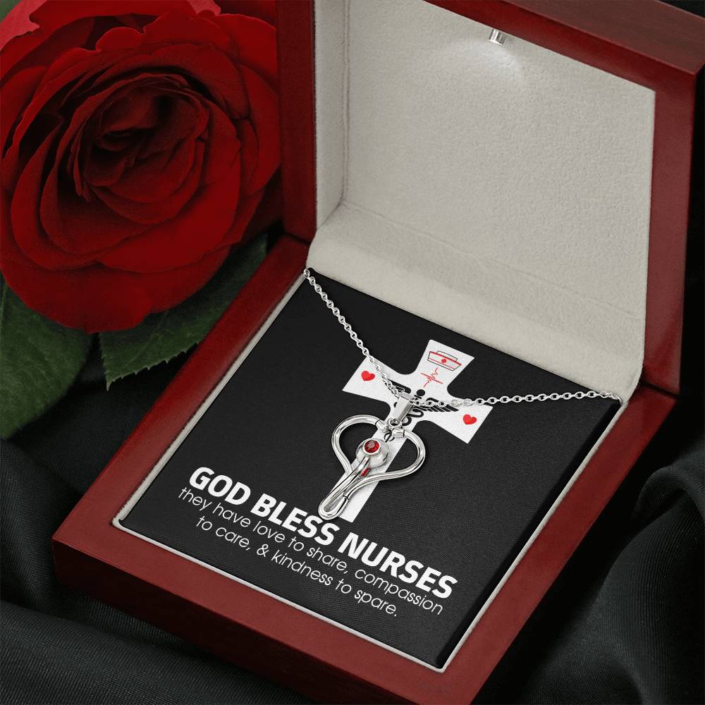 God Bless Nurses Heart Scope Necklace Red Swarovski Crystal Adjustable Chain 18-22"-Express Your Love Gifts