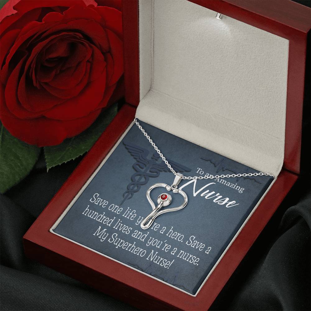 My Superhero Nurse! Heart Scope Necklace Red Swarovski Crystal Adjustable Chain 18-22"-Express Your Love Gifts