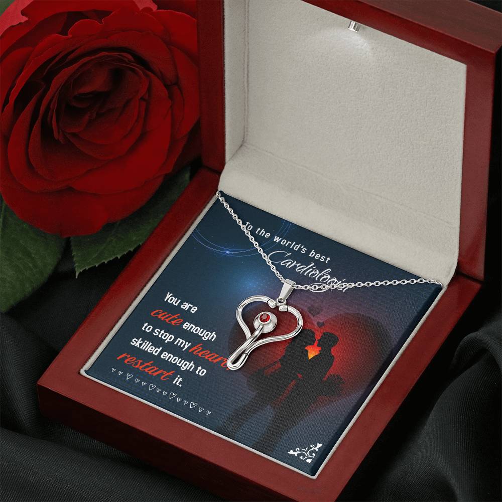 To My Cardiologist Heart Scope Necklace Red Swarovski Crystal Adjustable Chain 18-22"-Express Your Love Gifts