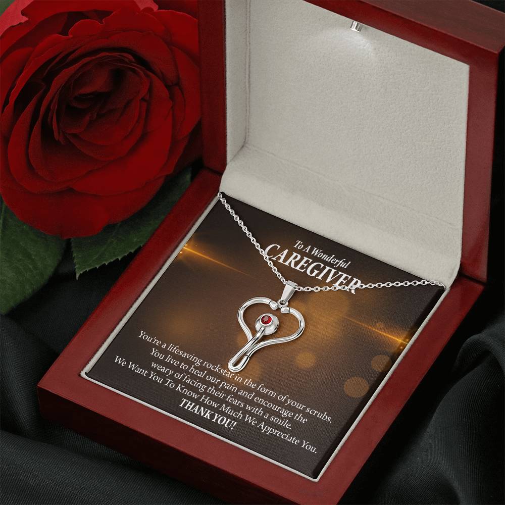 Rockstar Caregiver Heart Scope Necklace Red Swarovski Crystal Adjustable Chain 18-22"-Express Your Love Gifts