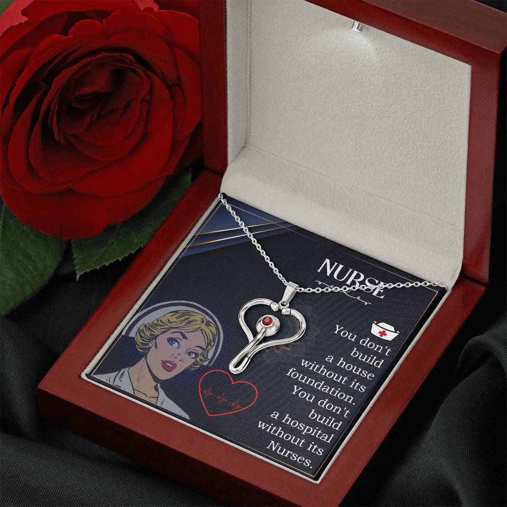 Nurses are the Foundation Heart Scope Necklace Red Swarovski Crystal Adjustable Chain 18-22"-Express Your Love Gifts