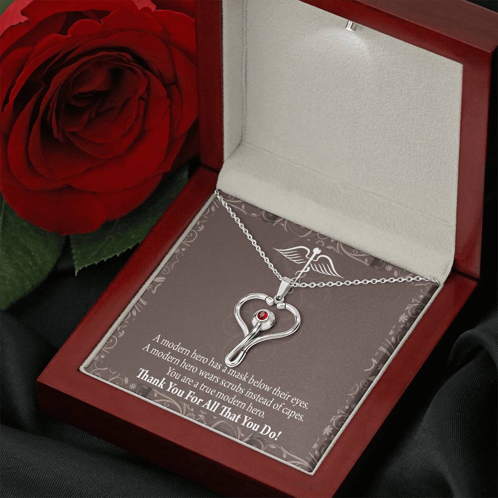 Medical Hero Appreciation Heart Scope Necklace Red Swarovski Crystal Adjustable Chain 18-22"-Express Your Love Gifts