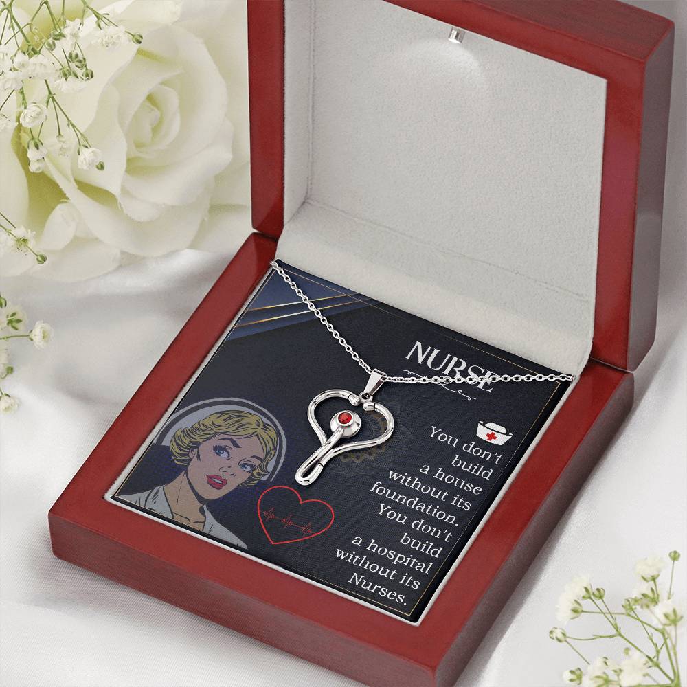 Nurses are the Foundation Heart Scope Necklace Red Swarovski Crystal Adjustable Chain 18-22"-Express Your Love Gifts
