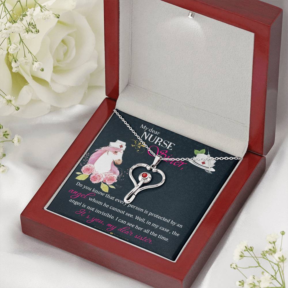 My dear nurse sister Heart Scope Necklace Red Swarovski Crystal Adjustable Chain 18-22"-Express Your Love Gifts
