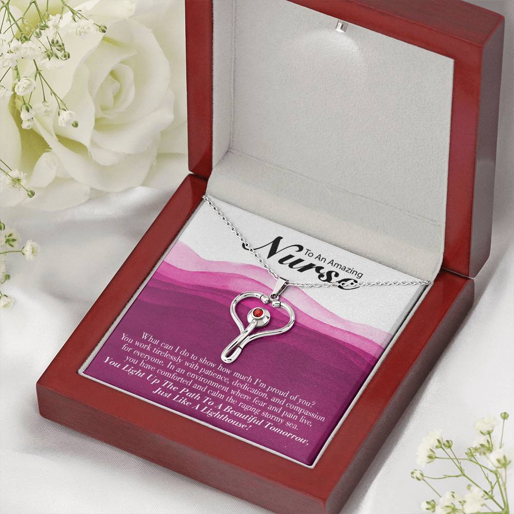 Inspirational Message for Nurse Heart Scope Necklace Red Swarovski Crystal Adjustable Chain 18-22"-Express Your Love Gifts