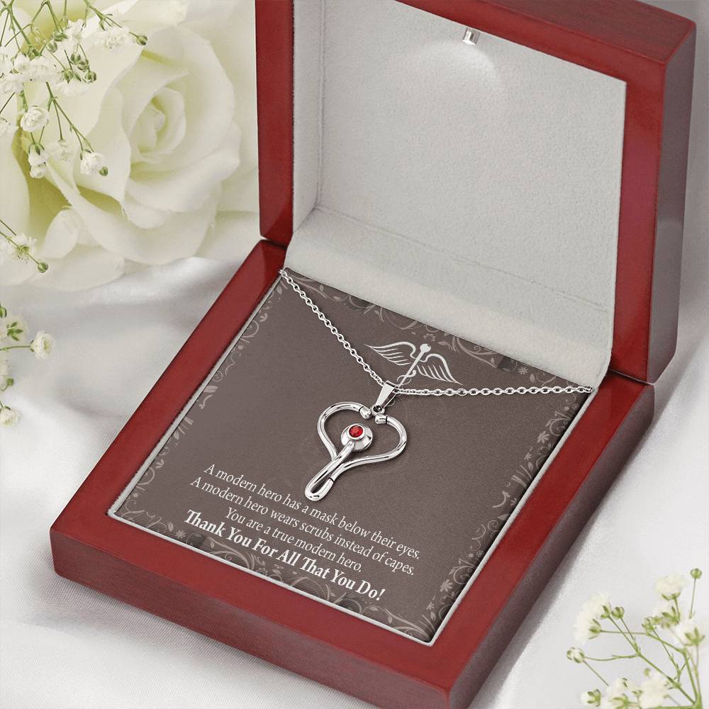 Medical Hero Appreciation Heart Scope Necklace Red Swarovski Crystal Adjustable Chain 18-22"-Express Your Love Gifts