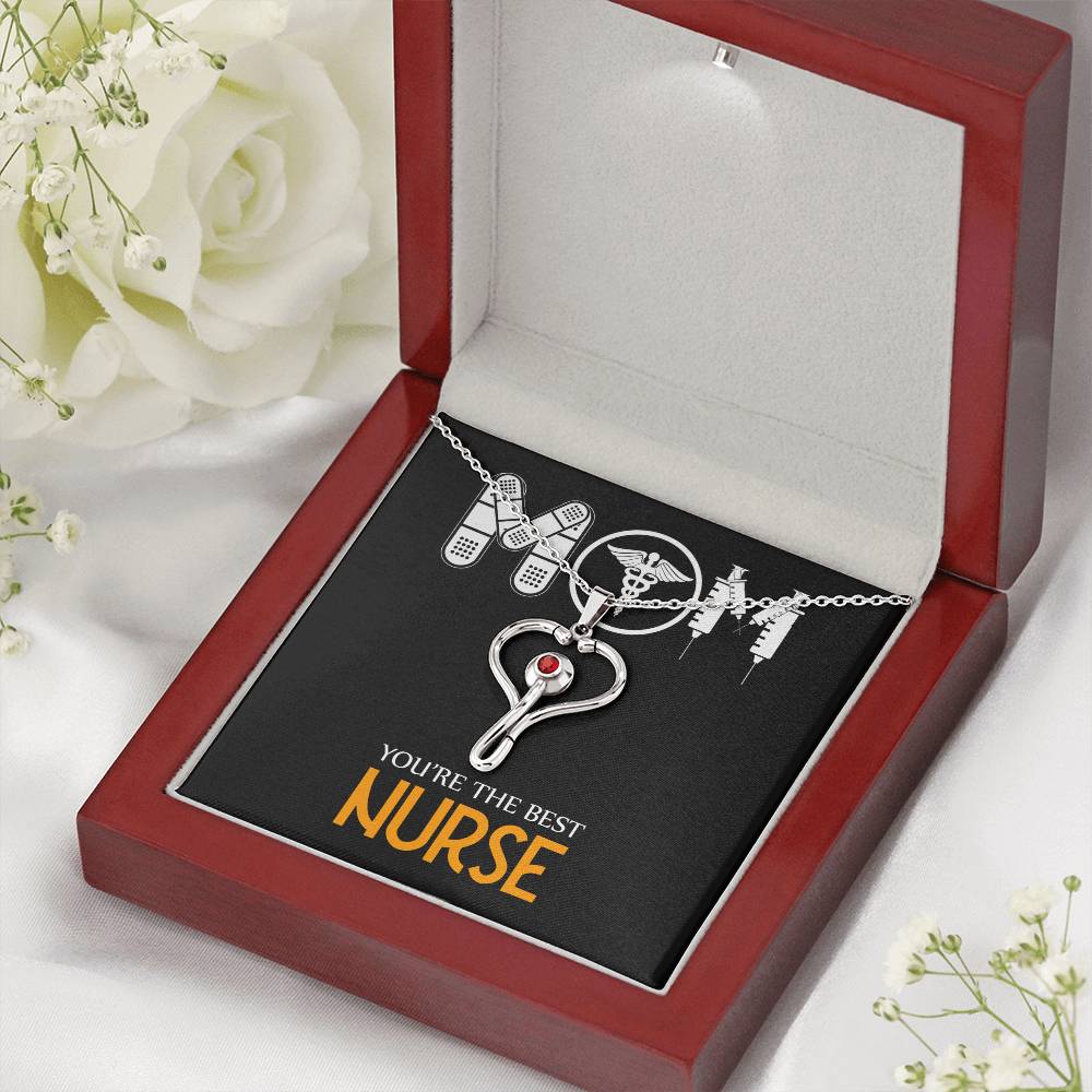 Mom Nurse Heart Scope Necklace Red Swarovski Crystal Adjustable Chain 18-22"-Express Your Love Gifts