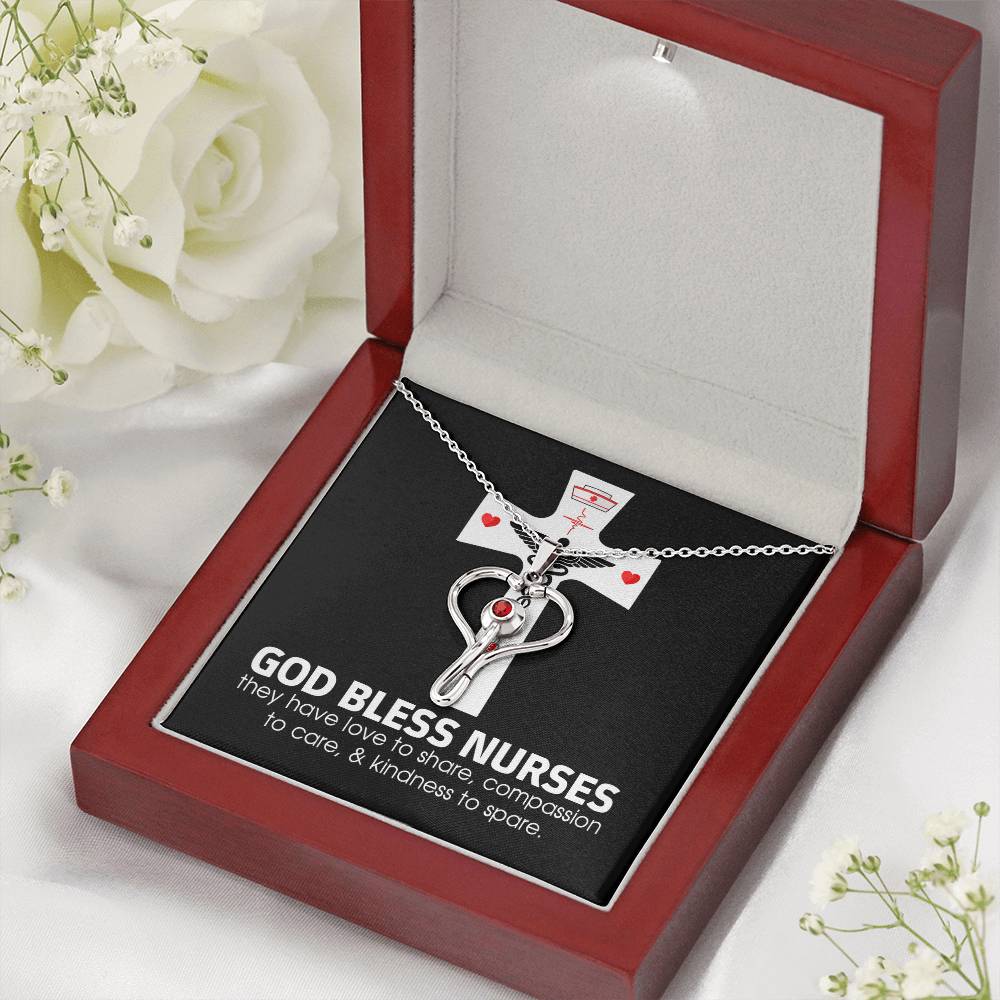 God Bless Nurses Heart Scope Necklace Red Swarovski Crystal Adjustable Chain 18-22"-Express Your Love Gifts