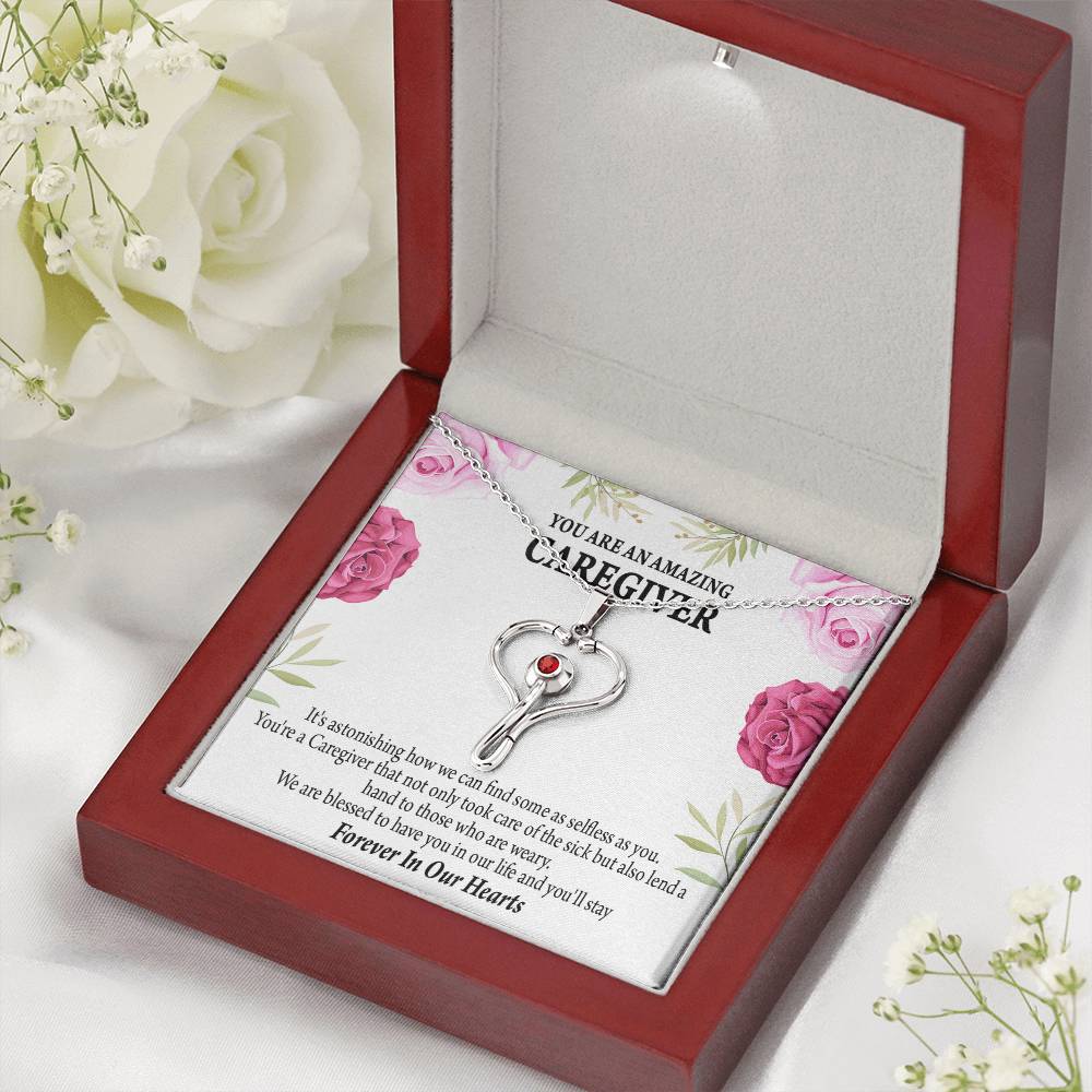 Caregiver Necklace Heart Scope Necklace Red Swarovski Crystal Adjustable Chain 18-22"-Express Your Love Gifts