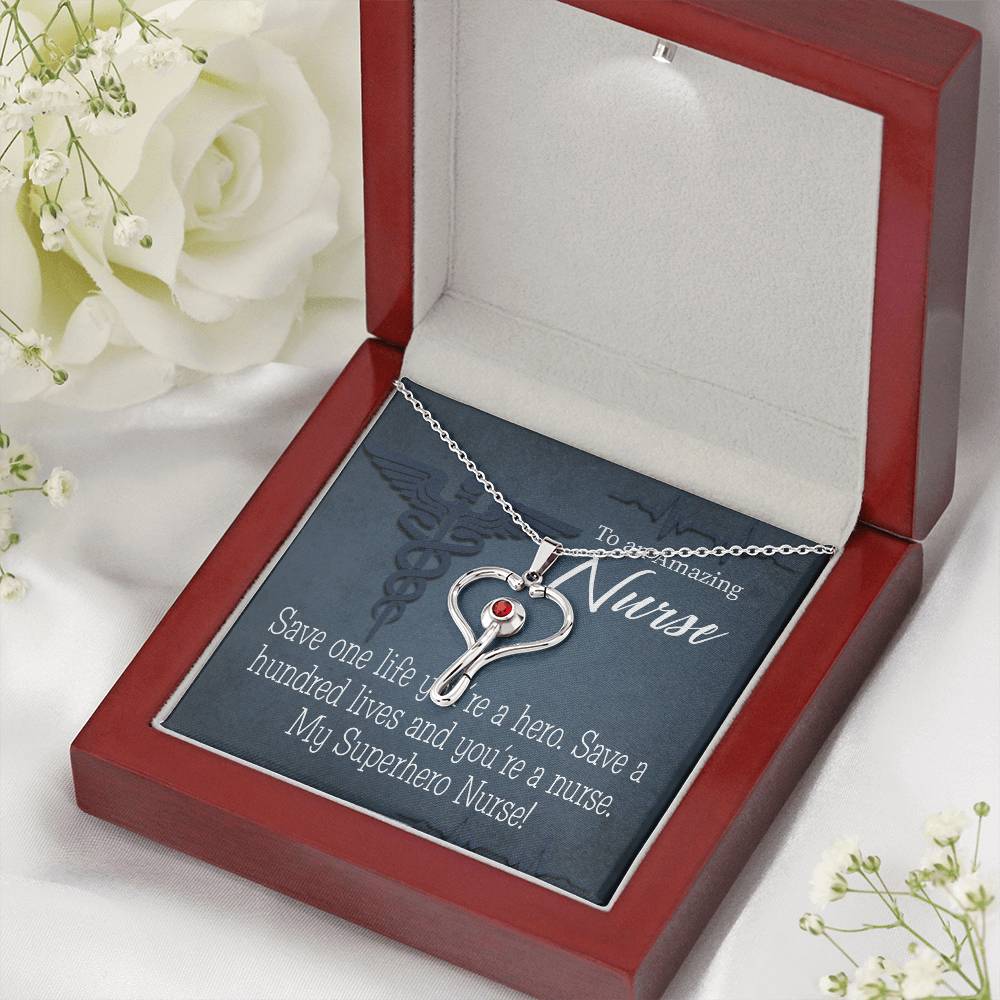 My Superhero Nurse! Heart Scope Necklace Red Swarovski Crystal Adjustable Chain 18-22"-Express Your Love Gifts