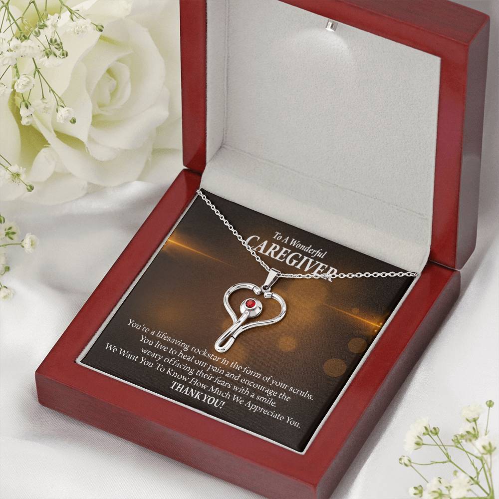 Rockstar Caregiver Heart Scope Necklace Red Swarovski Crystal Adjustable Chain 18-22"-Express Your Love Gifts