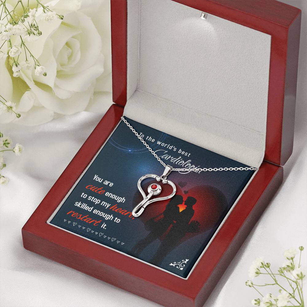 To My Cardiologist Heart Scope Necklace Red Swarovski Crystal Adjustable Chain 18-22"-Express Your Love Gifts