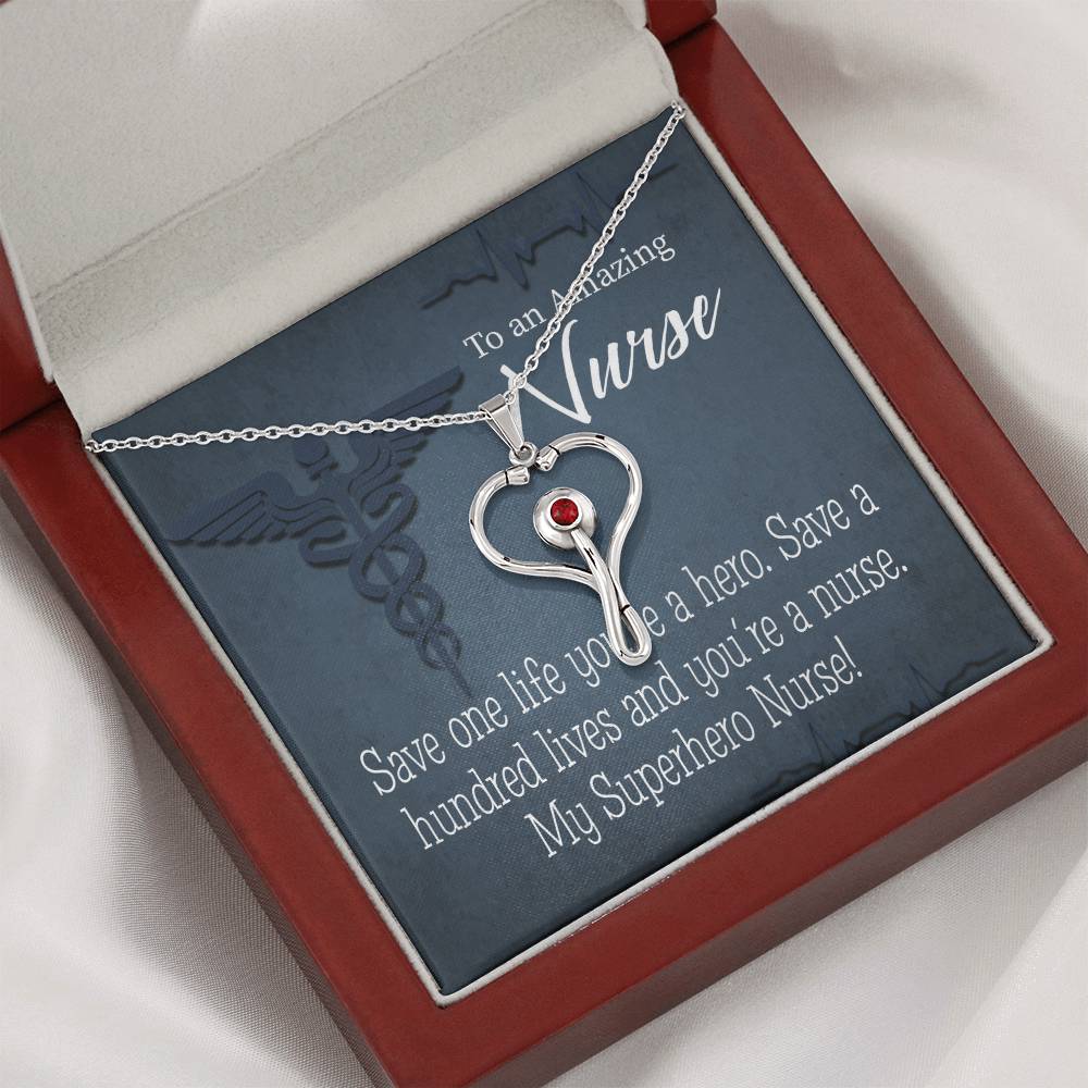 My Superhero Nurse! Heart Scope Necklace Red Swarovski Crystal Adjustable Chain 18-22"-Express Your Love Gifts