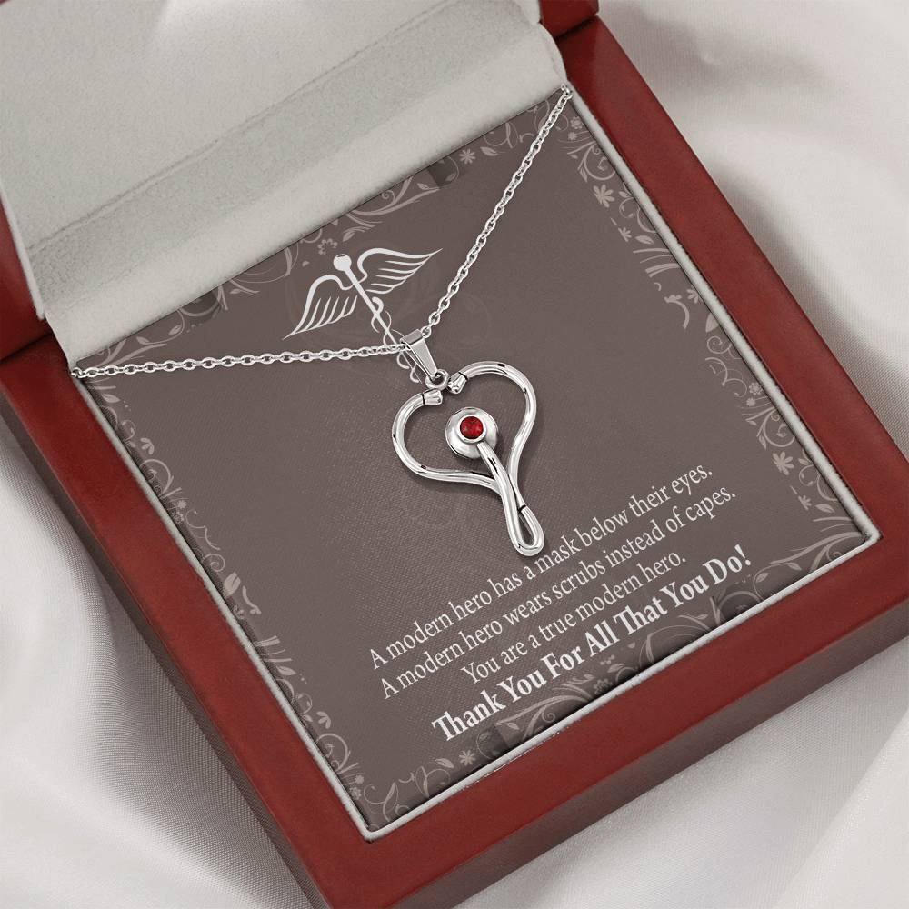 Medical Hero Appreciation Heart Scope Necklace Red Swarovski Crystal Adjustable Chain 18-22"-Express Your Love Gifts