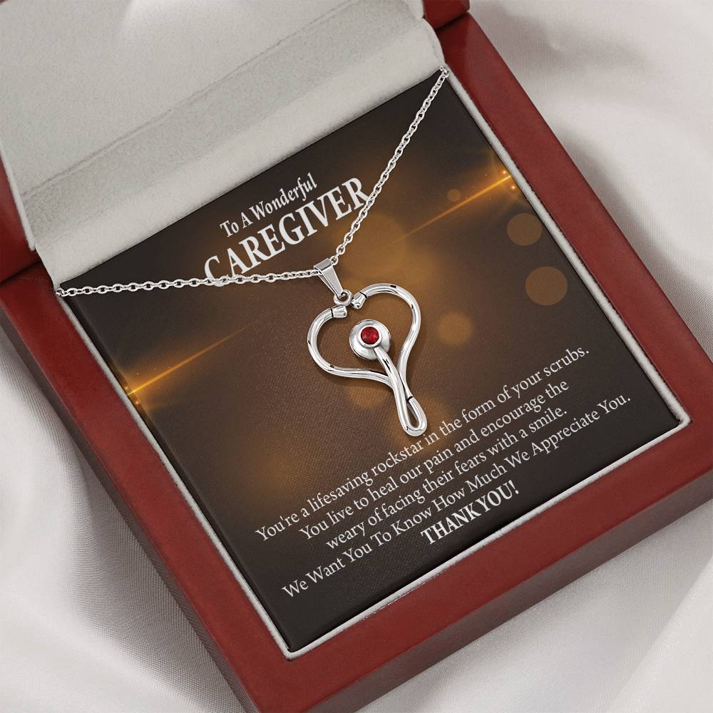 Rockstar Caregiver Heart Scope Necklace Red Swarovski Crystal Adjustable Chain 18-22"-Express Your Love Gifts