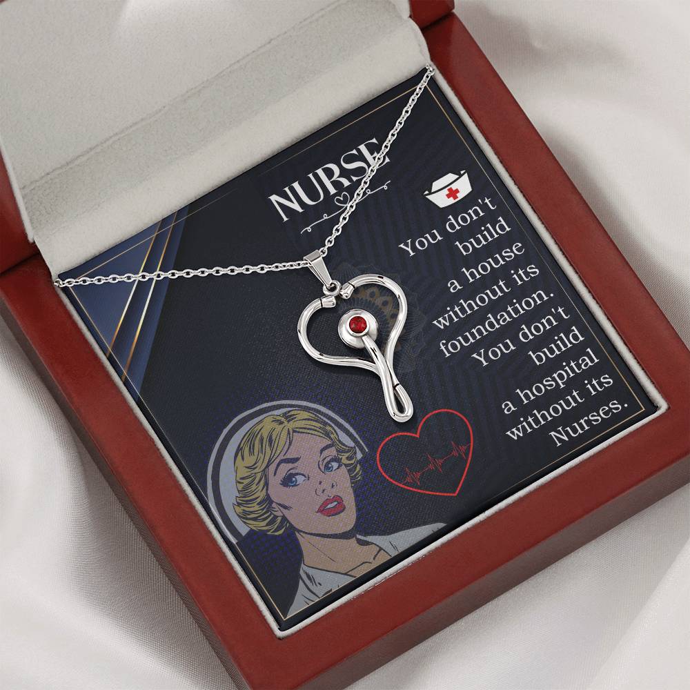 Nurses are the Foundation Heart Scope Necklace Red Swarovski Crystal Adjustable Chain 18-22"-Express Your Love Gifts