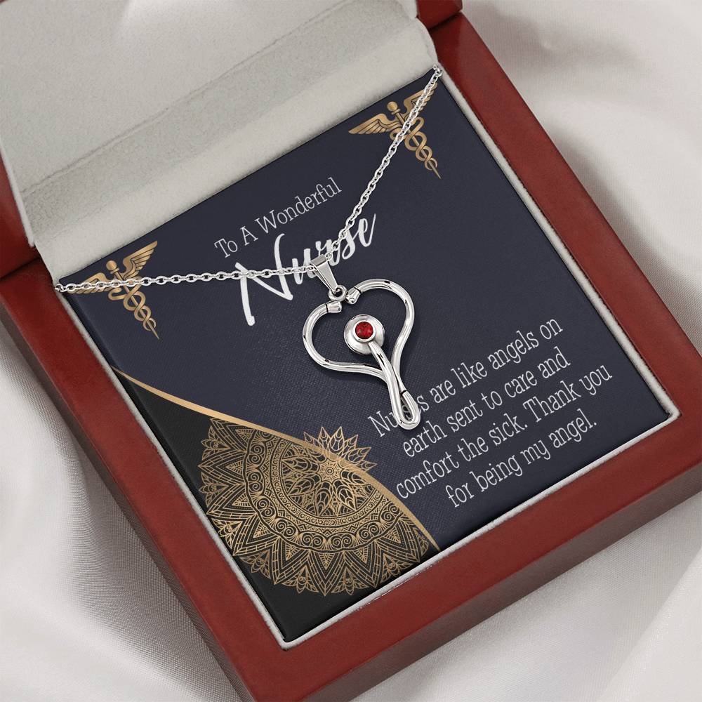 Nurses are Like Angels Heart Scope Necklace Red Swarovski Crystal Adjustable Chain 18-22"-Express Your Love Gifts