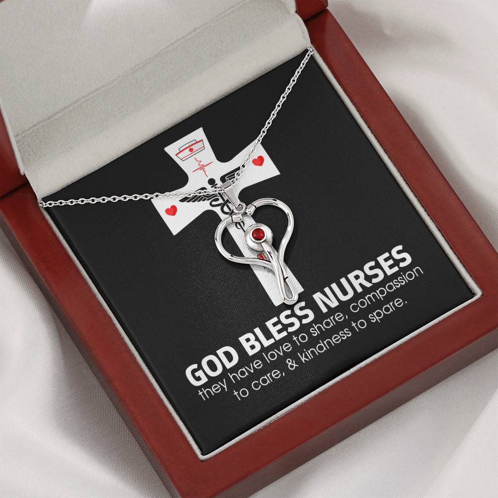 God Bless Nurses Heart Scope Necklace Red Swarovski Crystal Adjustable Chain 18-22"-Express Your Love Gifts