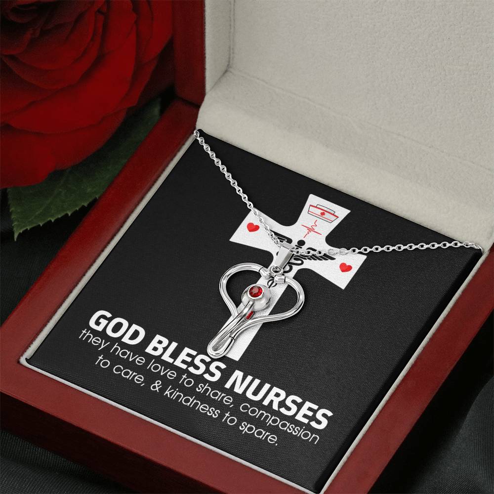 God Bless Nurses Heart Scope Necklace Red Swarovski Crystal Adjustable Chain 18-22"-Express Your Love Gifts