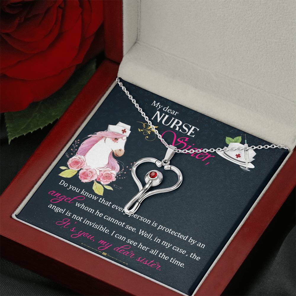 My dear nurse sister Heart Scope Necklace Red Swarovski Crystal Adjustable Chain 18-22"-Express Your Love Gifts