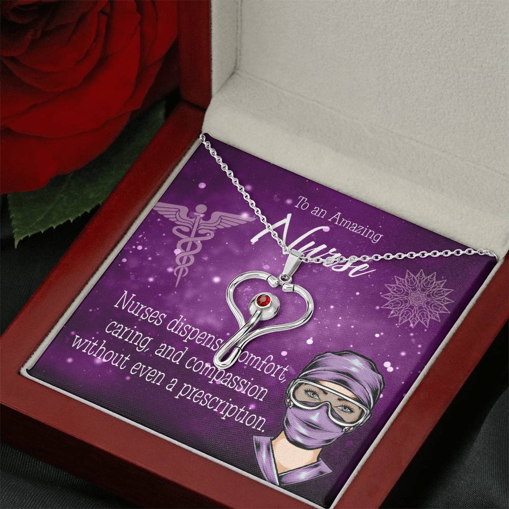 Nurse RN Caduceus Heart Scope Necklace Red Swarovski Crystal Adjustable Chain 18-22"-Express Your Love Gifts