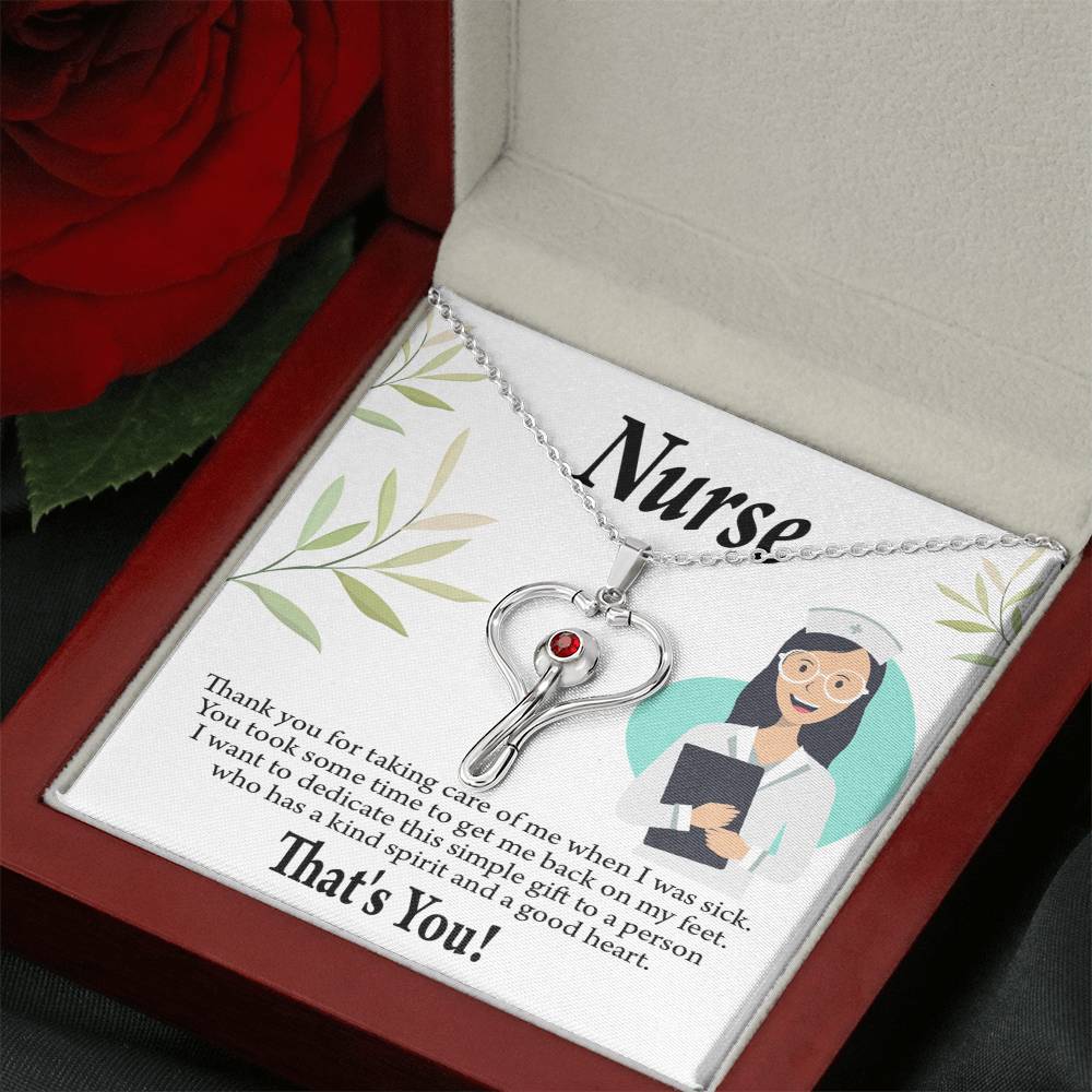 Simple Thank You Nurse Heart Scope Necklace Red Swarovski Crystal Adjustable Chain 18-22"-Express Your Love Gifts