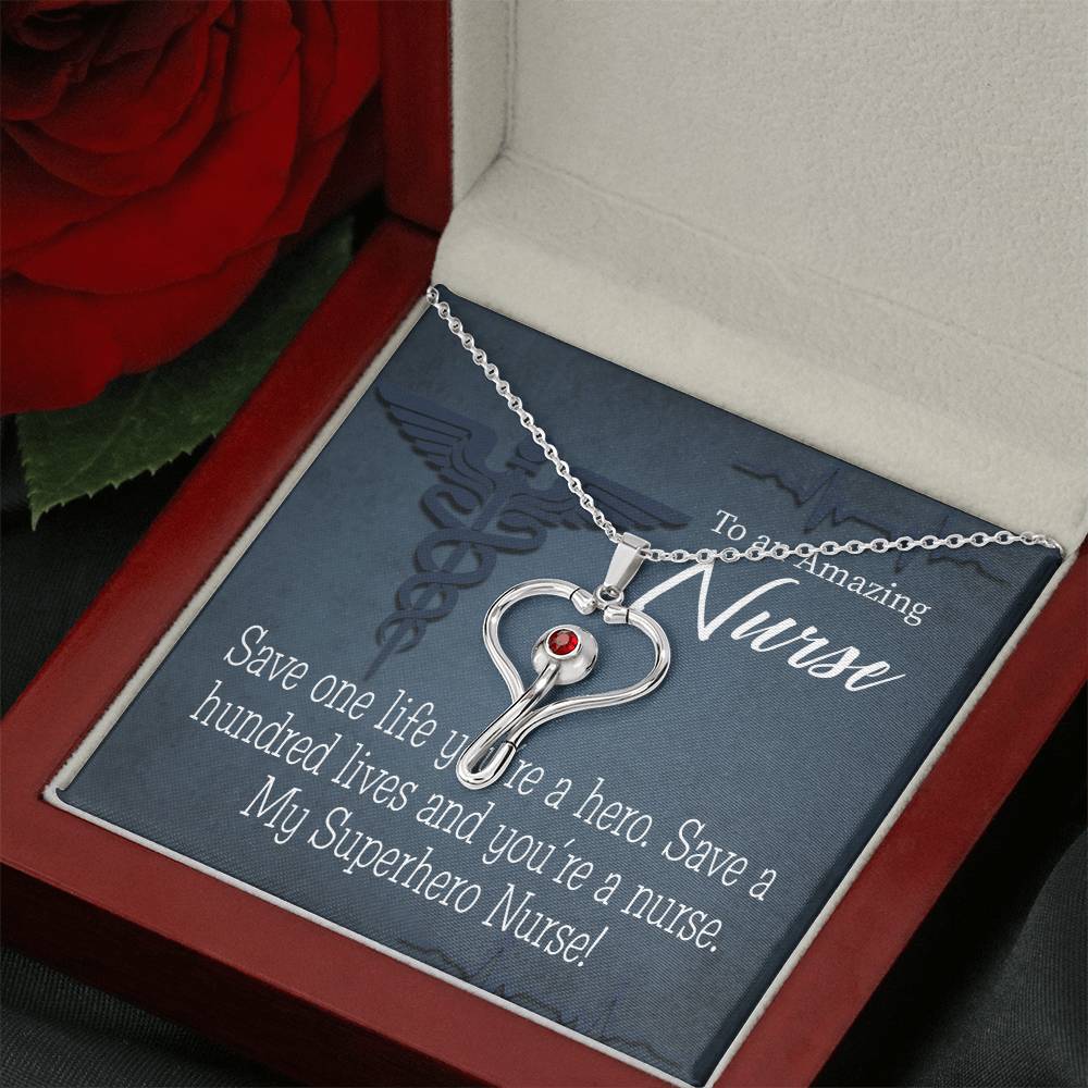 My Superhero Nurse! Heart Scope Necklace Red Swarovski Crystal Adjustable Chain 18-22"-Express Your Love Gifts