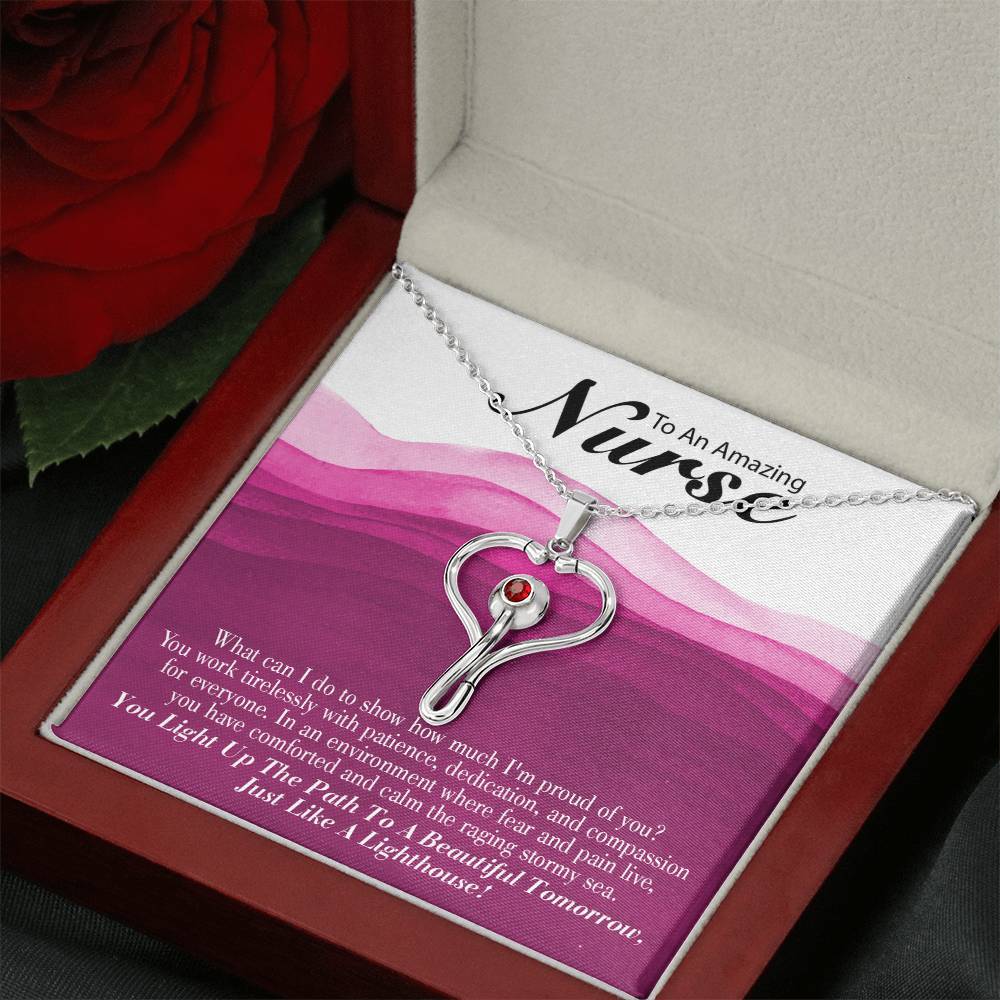 Inspirational Message for Nurse Heart Scope Necklace Red Swarovski Crystal Adjustable Chain 18-22"-Express Your Love Gifts