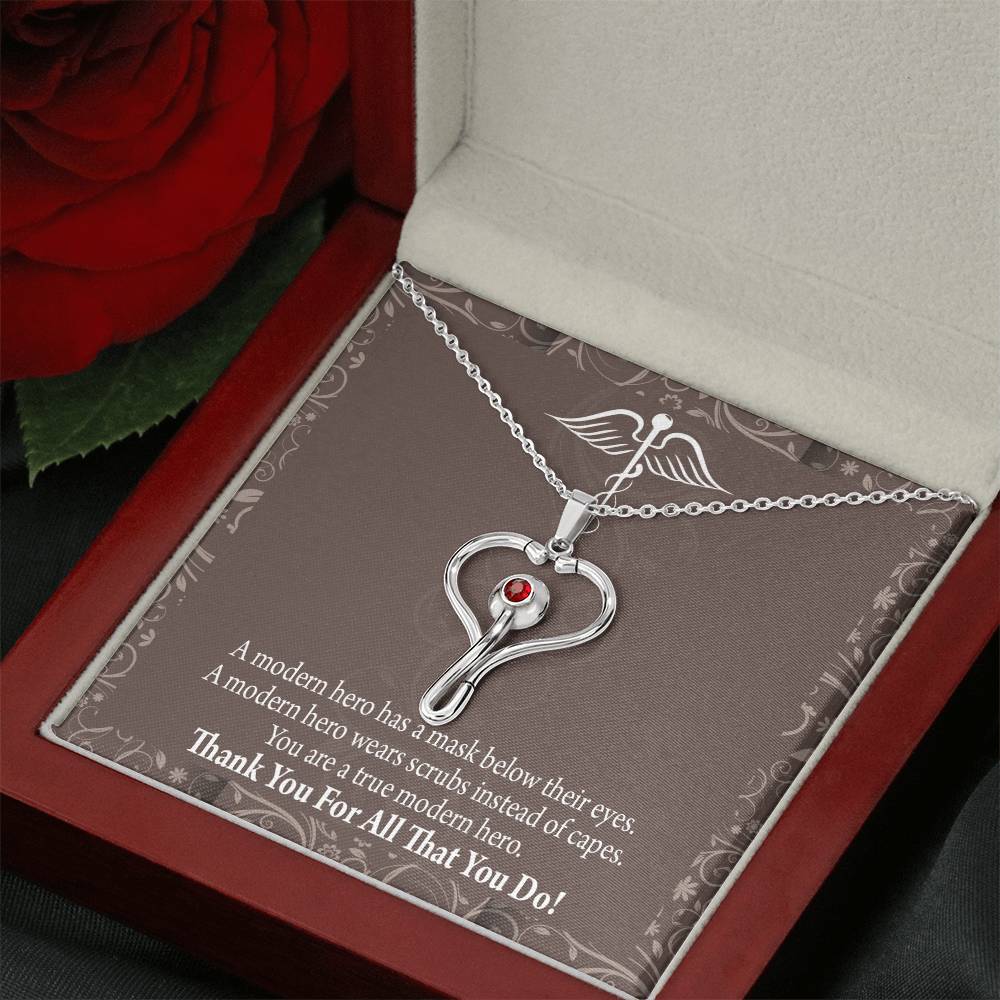Medical Hero Appreciation Heart Scope Necklace Red Swarovski Crystal Adjustable Chain 18-22"-Express Your Love Gifts