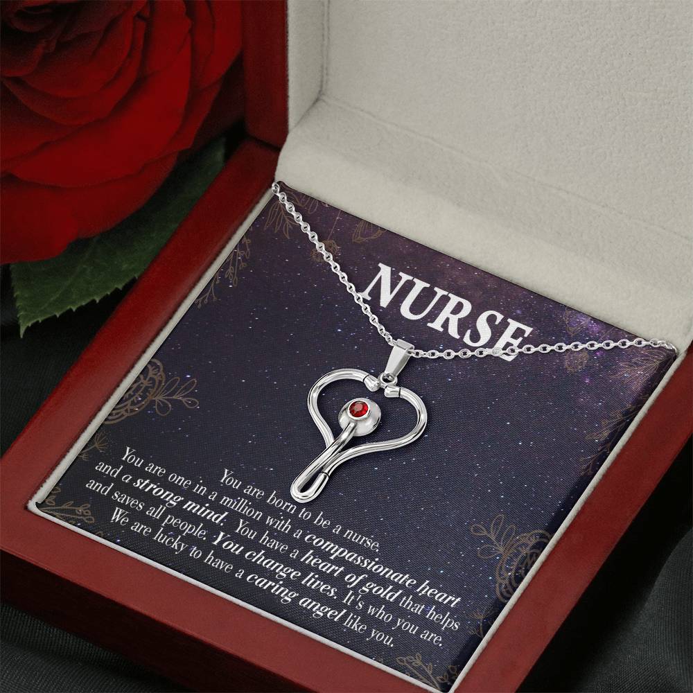 Caring Angel Nurse Heart Scope Necklace Red Swarovski Crystal Adjustable Chain 18-22"-Express Your Love Gifts
