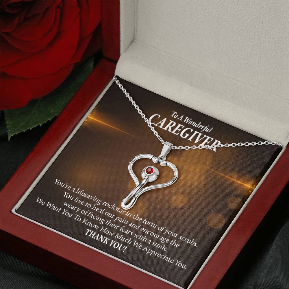 Rockstar Caregiver Heart Scope Necklace Red Swarovski Crystal Adjustable Chain 18-22"-Express Your Love Gifts