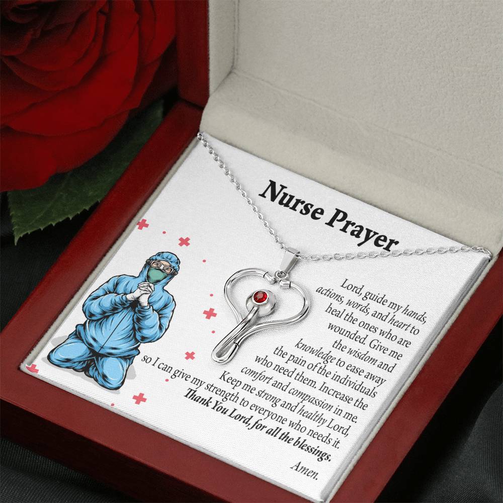 Nurse Prayer Necklace Heart Scope Necklace Red Swarovski Crystal Adjustable Chain 18-22"-Express Your Love Gifts