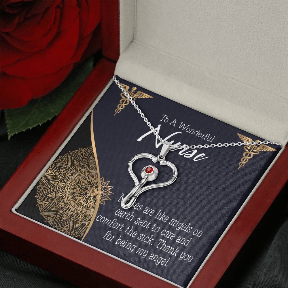 Nurses are Like Angels Heart Scope Necklace Red Swarovski Crystal Adjustable Chain 18-22"-Express Your Love Gifts