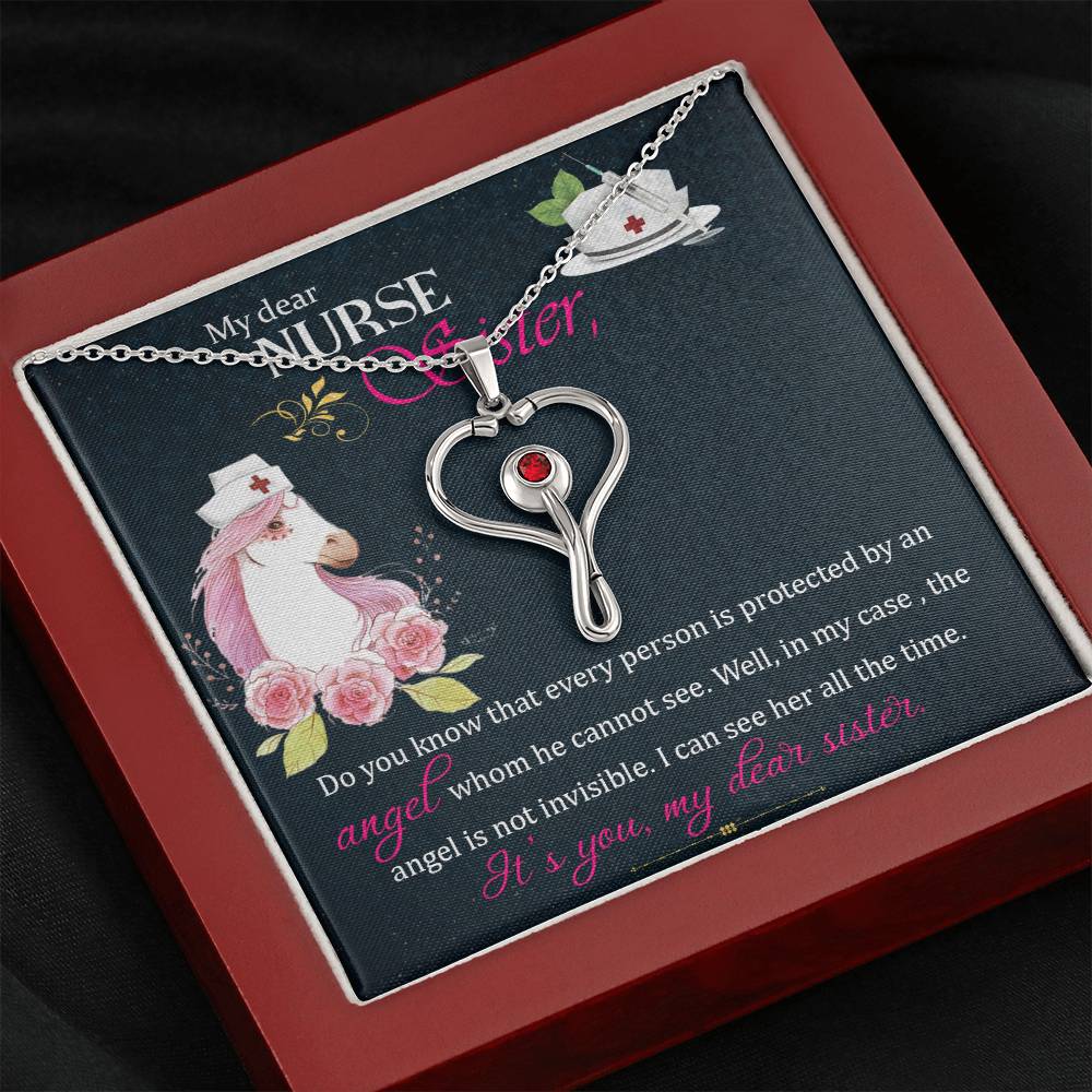 My dear nurse sister Heart Scope Necklace Red Swarovski Crystal Adjustable Chain 18-22"-Express Your Love Gifts