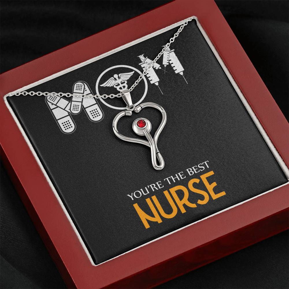 Mom Nurse Heart Scope Necklace Red Swarovski Crystal Adjustable Chain 18-22"-Express Your Love Gifts