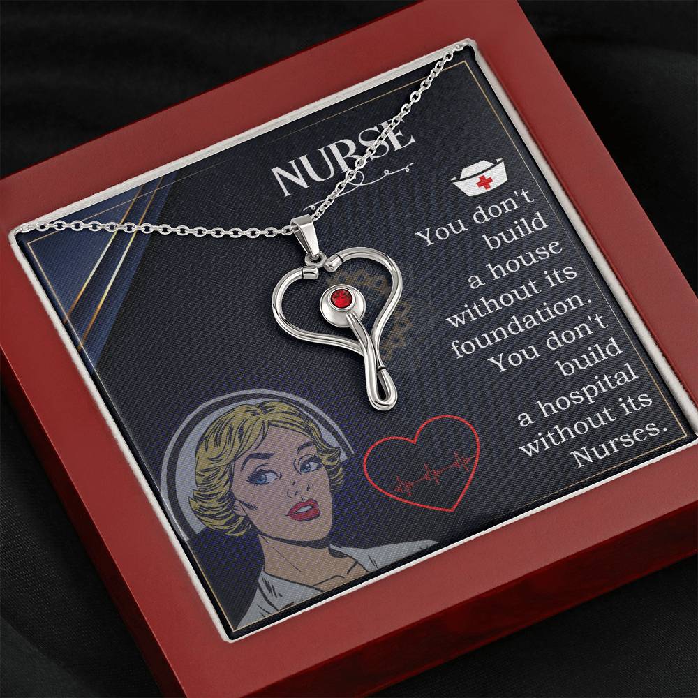 Nurses are the Foundation Heart Scope Necklace Red Swarovski Crystal Adjustable Chain 18-22"-Express Your Love Gifts