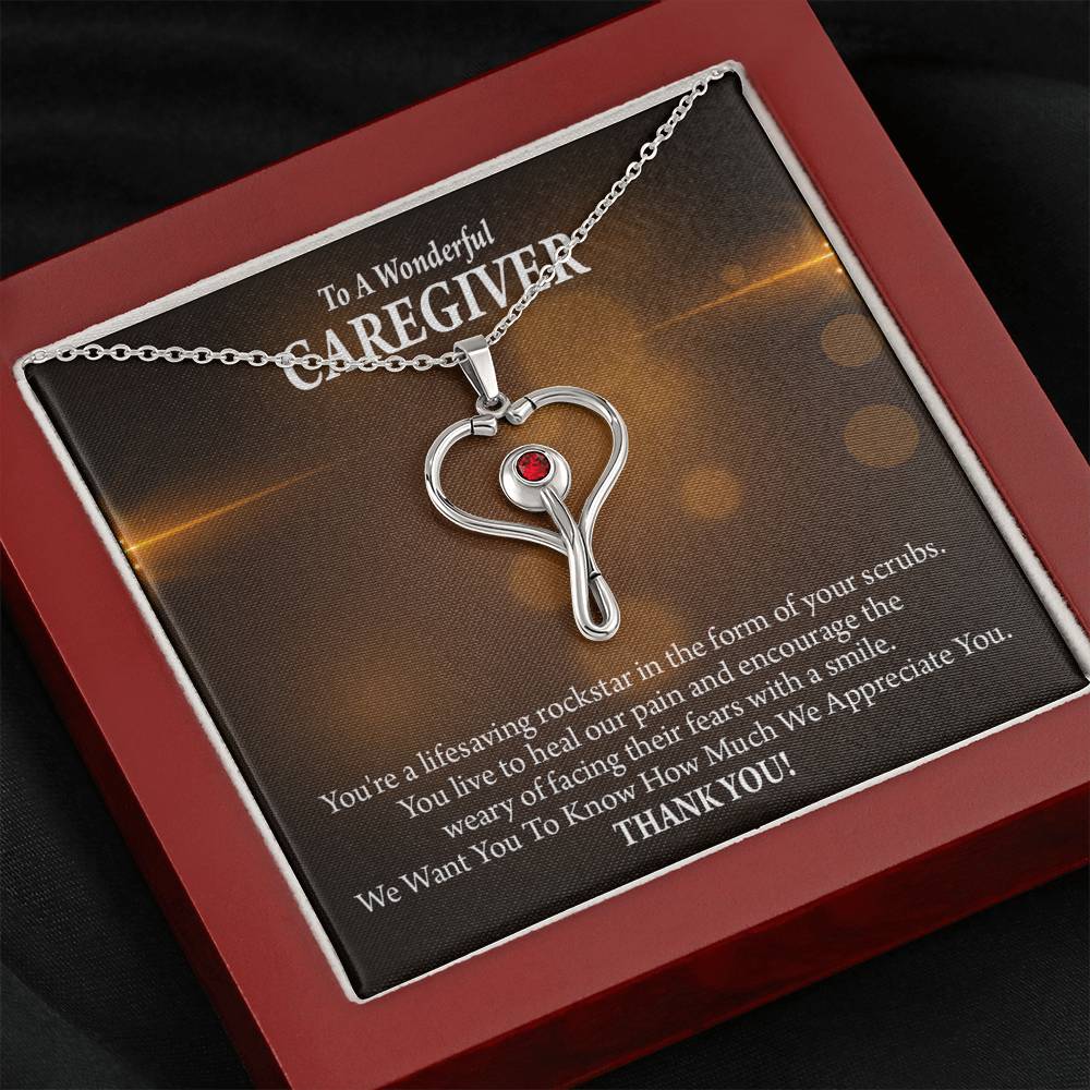 Rockstar Caregiver Heart Scope Necklace Red Swarovski Crystal Adjustable Chain 18-22"-Express Your Love Gifts