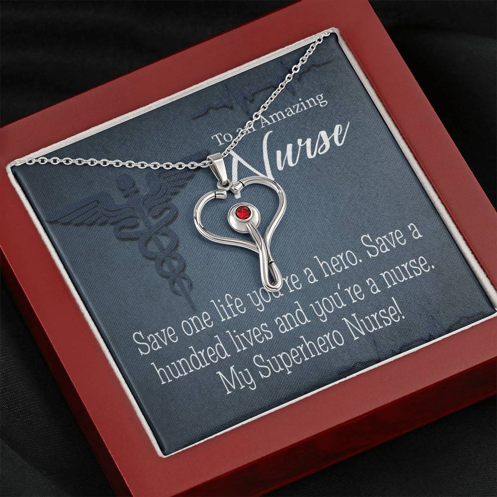 My Superhero Nurse! Heart Scope Necklace Red Swarovski Crystal Adjustable Chain 18-22"-Express Your Love Gifts