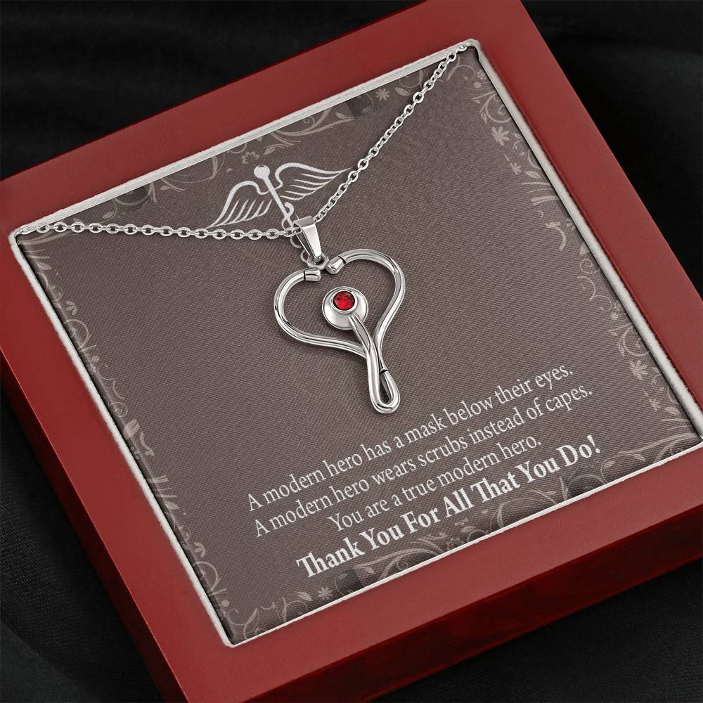 Medical Hero Appreciation Heart Scope Necklace Red Swarovski Crystal Adjustable Chain 18-22"-Express Your Love Gifts