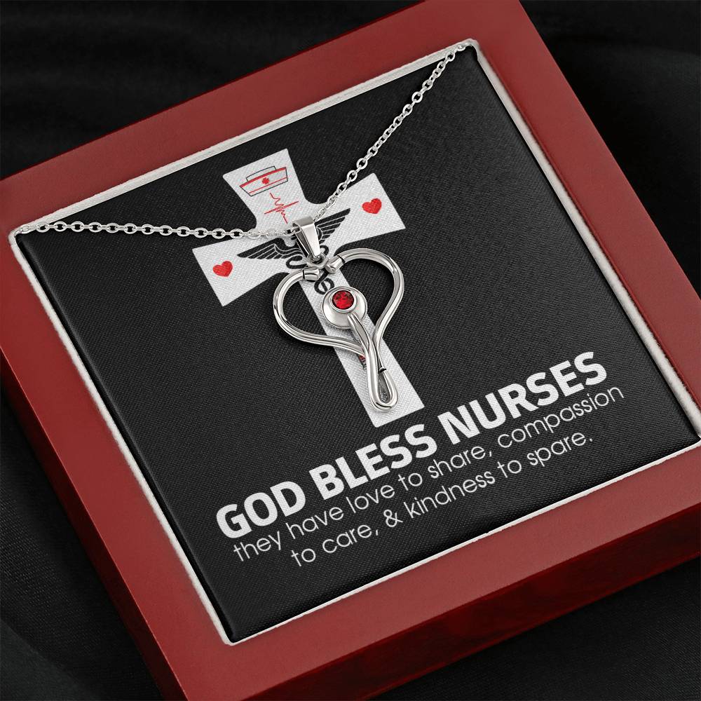 God Bless Nurses Heart Scope Necklace Red Swarovski Crystal Adjustable Chain 18-22"-Express Your Love Gifts
