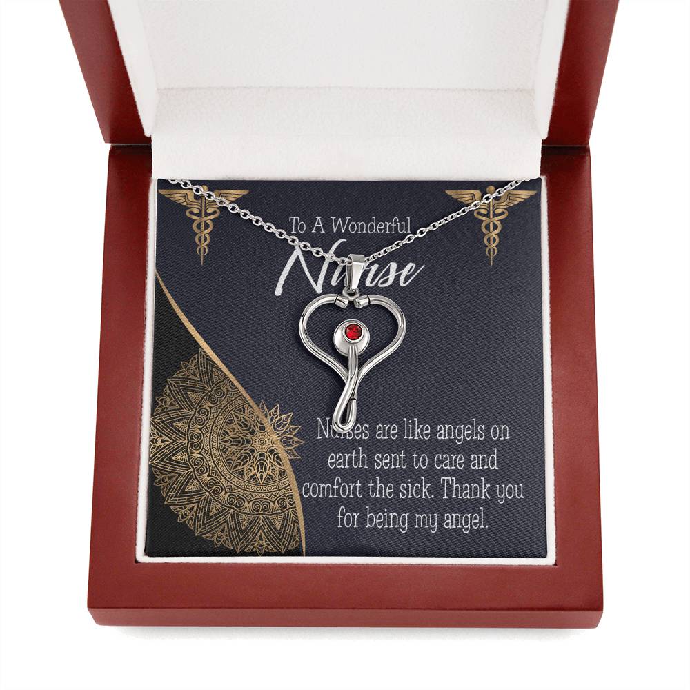Nurses are Like Angels Heart Scope Necklace Red Swarovski Crystal Adjustable Chain 18-22"-Express Your Love Gifts